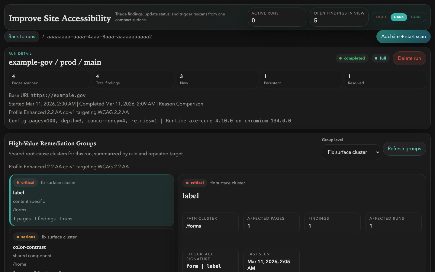 Run detail view in dark theme